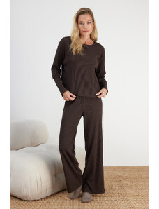 Trendyol Brown Corded Cotton Tshirt-Pants Knitted Pajama Set