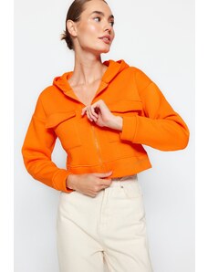 Trendyol Orange Relaxed Fit Crop Pocket Detail Hooded Thick Fleece Knitted Sweatshirt