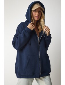 Happiness İstanbul Women's Navy Blue Hooded Zipper Oversize Sweatshirt