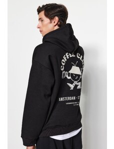 Trendyol Black Oversize/Wide Cut Hooded Fluffy Printed Fleece Inside Cotton Sweatshirt