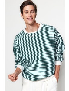 Trendyol Green Oversize/Wide-Fit Striped Fleece Cotton Sweatshirt