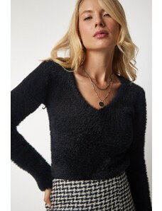 Happiness İstanbul Dámský černý vousatý pletený svetr s výstřihem do V