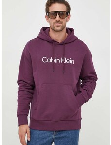 Bavlněná mikina Calvin Klein pánská, fialová barva, s kapucí, s aplikací