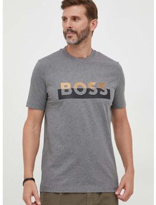 Bavlněné tričko BOSS šedá barva, s potiskem