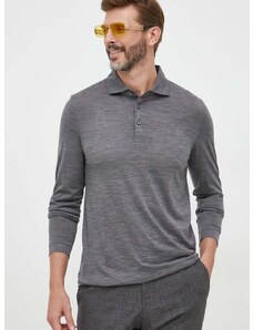 Vlněné tričko s dlouhým rukávem BOSS šedá barva
