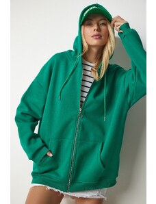 Happiness İstanbul Women's Green Hooded Zipper Oversize Sweatshirt
