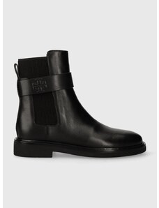 Kožené kotníkové boty Tory Burch DOUBLE T CHELSEA BOOT dámské, černá barva, na plochém podpatku, 152831-004