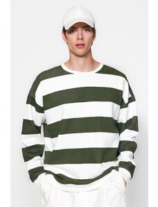 Trendyol Green Unisex Oversize/Wide Cut Striped Fleece Inside Cotton Sweatshirt