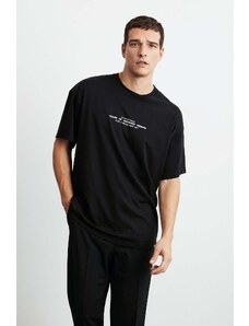 GRIMELANGE Frank Pánské oversize fit 100% bavlna tlustá texturovaná černá t-shirt s potiskem