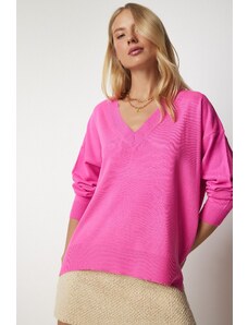 Happiness İstanbul Dámský růžový oversize pletený svetr s výstřihem do V