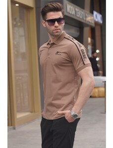 Madmext Brown Sleeve Detailed Embroidered Polo Neck T-Shirt 5892