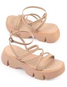 Capone Outfitters Capone Thick Sole Ankle Strap Comfort Sole Beige Women's Sandals