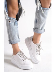 Capone Outfitters Capone Round Toe Women's Sneakers with Stones and Lace-Up White