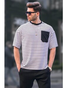 Madmext Men's White Striped Basic T-Shirt 6084
