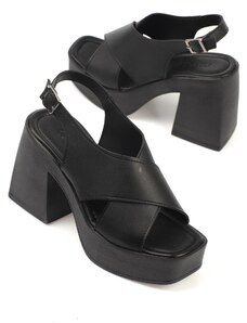 Capone Outfitters Capone Women's Chunky Toe Crossover Wide Strap Platform Heels Black Women's Sandals.