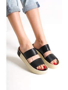 Capone Outfitters Capone Double-Stripes with Colorful Detailed Wedge Heels Women's Black Slippers.
