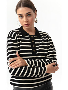 Lafaba Women's Black Polo Neck Striped Knitwear Sweater