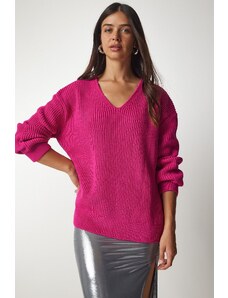 Happiness İstanbul Dámský růžový V-Neck Oversize Základní pletený svetr