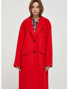 Vlněný kabát Tommy Hilfiger červená barva, přechodný, oversize