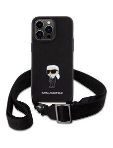 Guess Ochranný kryt s crossbody popruhem pro iPhone 15 Pro MAX - Karl Lagerfeld, Saffiano Metal Ikonik Black