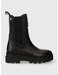 Nízké kozačky Tommy Hilfiger SEASONAL FEMININE CHELSEA BOOT dámské, černá barva, na plochém podpatku, FW0FW07497