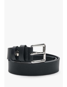Black Women's Leather Belt with Silver Buckle and Tapered End Estro ER00113197