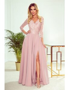 Numoco Amber elegantní krajkové dlouhé šaty s výstřihem - růžové