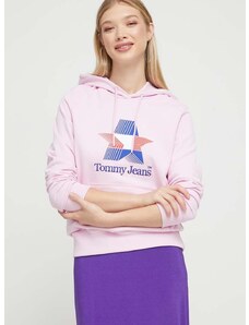 Bavlněná mikina Tommy Jeans dámská, růžová barva, s kapucí, s potiskem