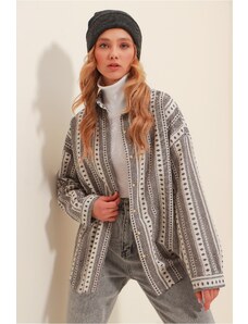 Trend Alaçatı Stili Women's Gray Ethnic Patterned Oversize Woven Winter Shirt