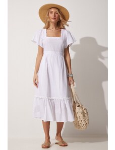 Happiness İstanbul Women's White Square Neck Linen Dress