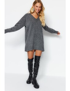 Trendyol Anthracite Mini Knitwear Soft Textured V Neck Dress