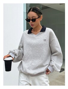 Know Women's Gray Keep Calm Printed Oversized Collar Sweatshirt.