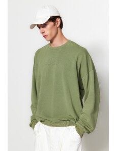 Trendyol Light Khaki Men's Oversize/Wide-Collar Weared/Faded-Effect Text and Embroidered Cotton Sweatshirt.