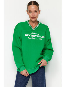 Trendyol Green Oversize/Wide Knitwear Detailed Slogan Fleece Knitted Sweatshirt