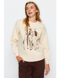 Trendyol Stone Regular/Regular Fit Printed Crew Neck Thick/Fleece Knitted Sweatshirt