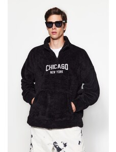 Trendyol Black Oversize/Wide Cut Zippered City Embroidery Thick Fleece/Plush Sweatshirt
