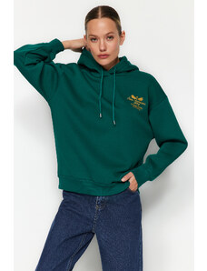 Trendyol Emerald Green Regular/Regular Fit Embroidered Hooded Fleece Knitted Sweatshirt