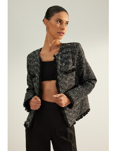 Trendyol Black Prémiová kvalita vzorovaná střapce Regular Fit Tweed Fabric tkaná bunda