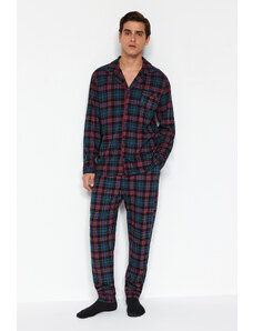 Trendyol Navy Blue Regular Fit Plaid Knitted Pajamas Set
