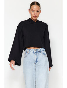 Trendyol Black Thick Fleece Comfort Fit Crop Spanish Sleeve Hooded Knitted Sweatshirt