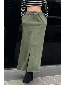 Madmext Khaki Green Women's Midi Skirt with Slit Detail on the Front