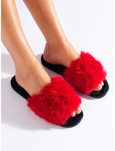 Shelvt women's red fur slippers