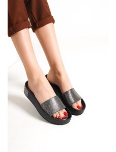 Capone Outfitters Capone Single Wide Strap with Stones and Stitched Welding Heels Metallic Platinum Women's Slippers.