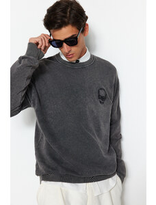 Trendyol Limited Edition Gray Relaxed/Comfortable Cut Pale Effect 100% Cotton Embroidered Sweatshirt