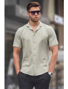 Madmext Men's Water Green Striped Slim Fit Short Sleeve Shirt 5591