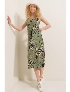 HAKKE Women's Green Zippered Big Palm Pattern Dress Elb-19000615