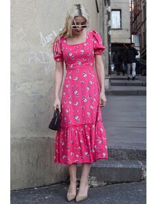 Madmext Pink Floral Patterned Balloon Sleeve Midi Dress