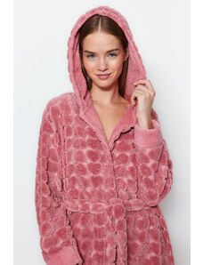 Trendyol Pink Belted Heart Patterned Fleece Knitted Dressing Gown
