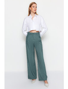 Trendyol tmavě zelené široké plisované tkané kalhoty se širokými nohavicemi