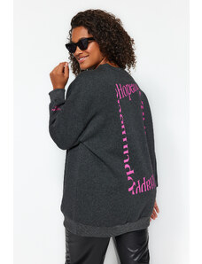Trendyol Curve Anthracite Back Printed Wide Fit Knitted Sweatshirt with Fleece Inside